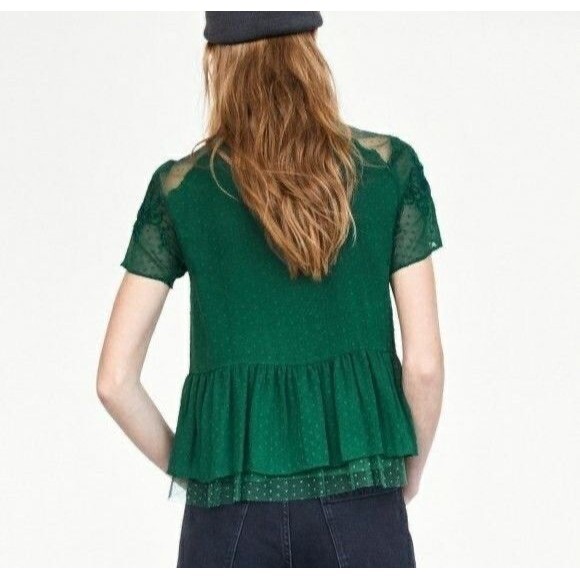 Zara Trafaluc Blouse Small Green Embroidered Ruffle Peplum Top Short Sleeves - Picture 2 of 16